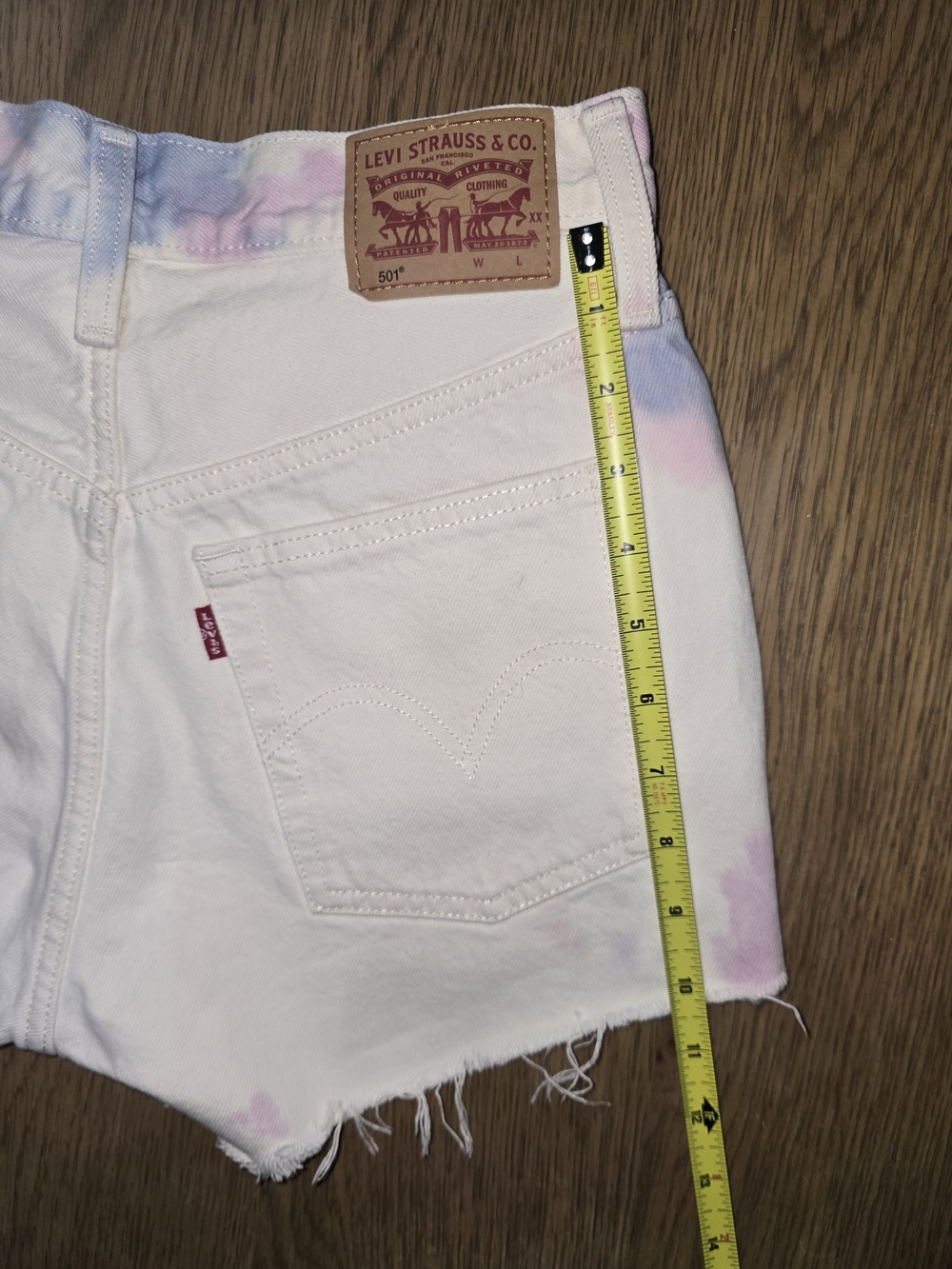 Levi's White Denim Cutoff Shorts with Pink & Lavender Tie-Dye Accents